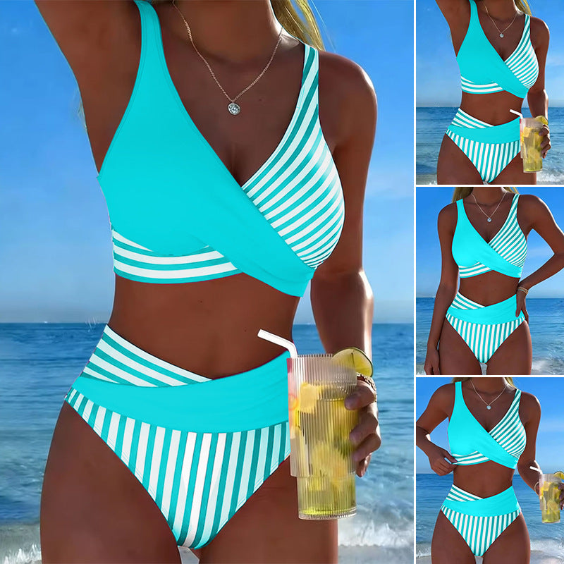 S-3XL 🤩🌟Dvoudílné, barevné bikiny s bloky a pruhy