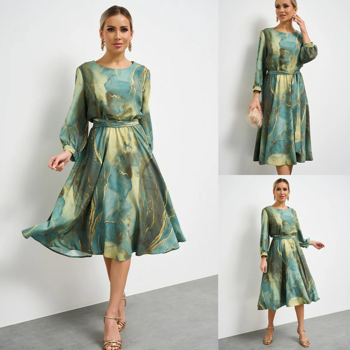 🌿👗elegantna zelena haljina s dugim rukavima i suknjom 🌸💃