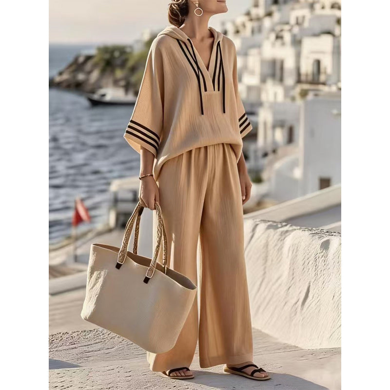 👚👖【S-5XL】【Top + Kalhoty】Nová ležérní dvoudílná sada: Top s kapucí a tříčtvrtečním rukávem + kalhoty s širokými nohavicemi✨