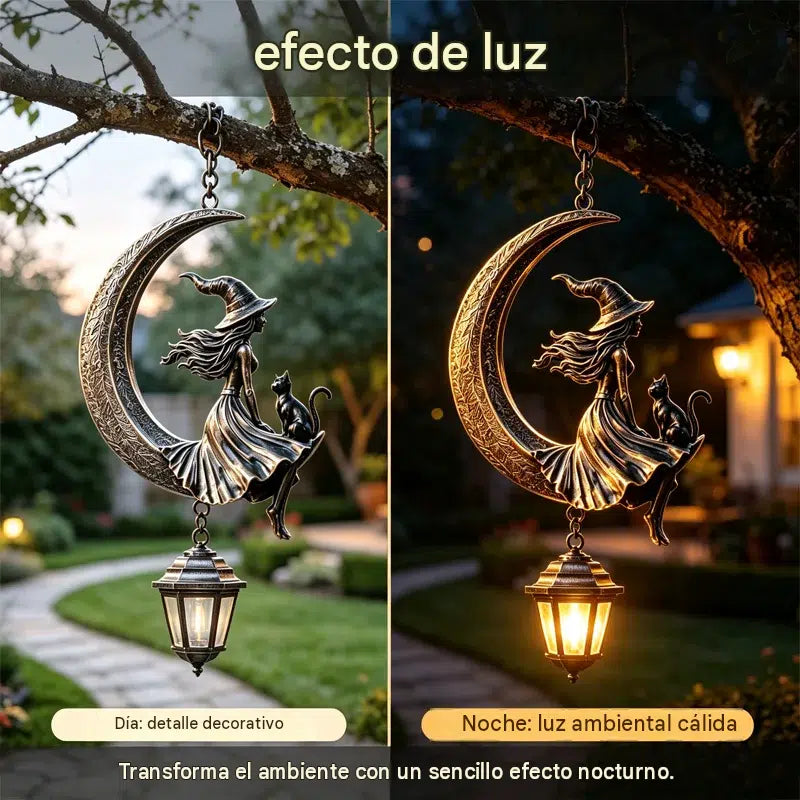 🌙🔮Solar Hanging Witch on the Moon Lantern – Solární LED závěsná lampa čarodějnice na měsíc, zahradní dekorace, Halloween osvětlení