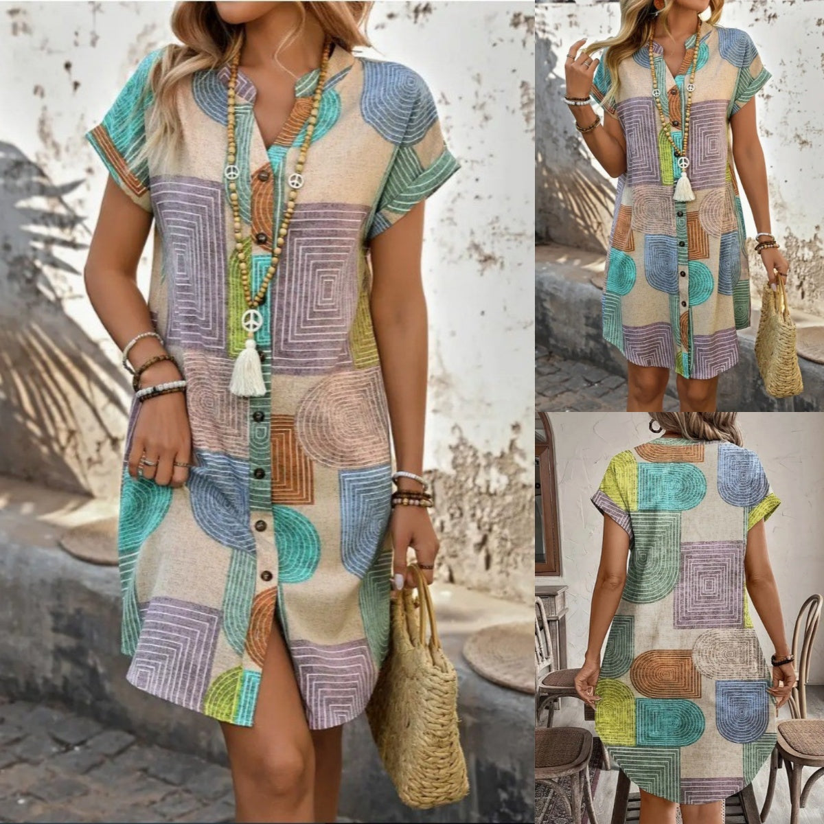 Ingyenes szállítás ⏳S-3XL Női elegáns, mintás, V-nyakú, gombos ruha