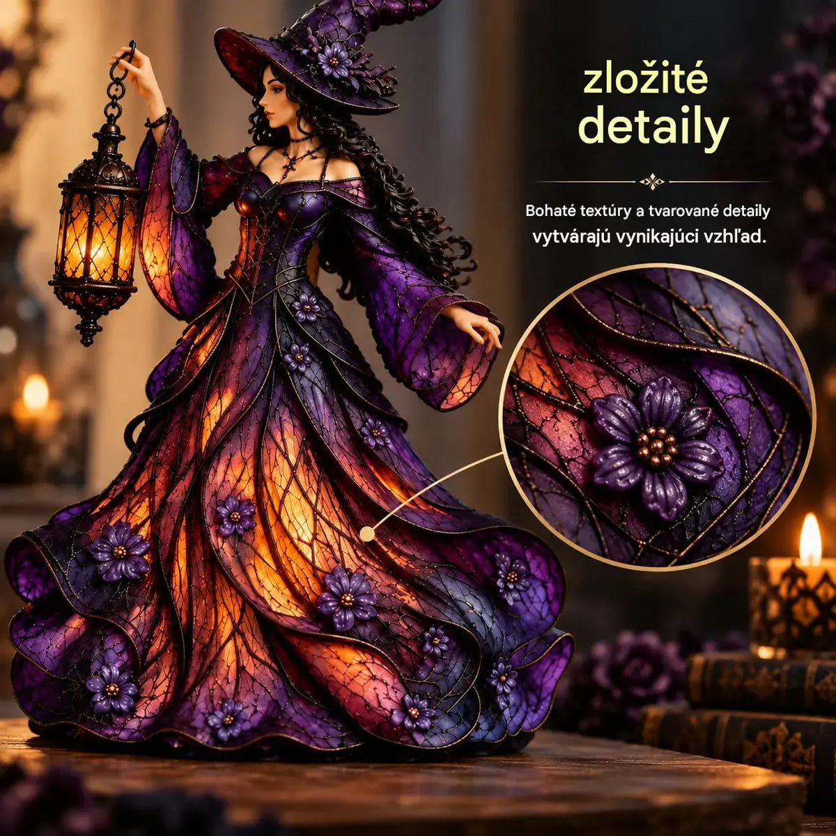 🧙♀️ Gotická halloweenská figurka čarodějnice s LED lucernou 🧙♀️