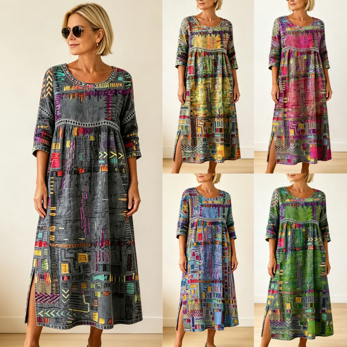 ✨ 【S-5XL】Vestido retro de verano con escote redondo y estampado, ligero y transpirable, favorecedor y fácil de combinar.