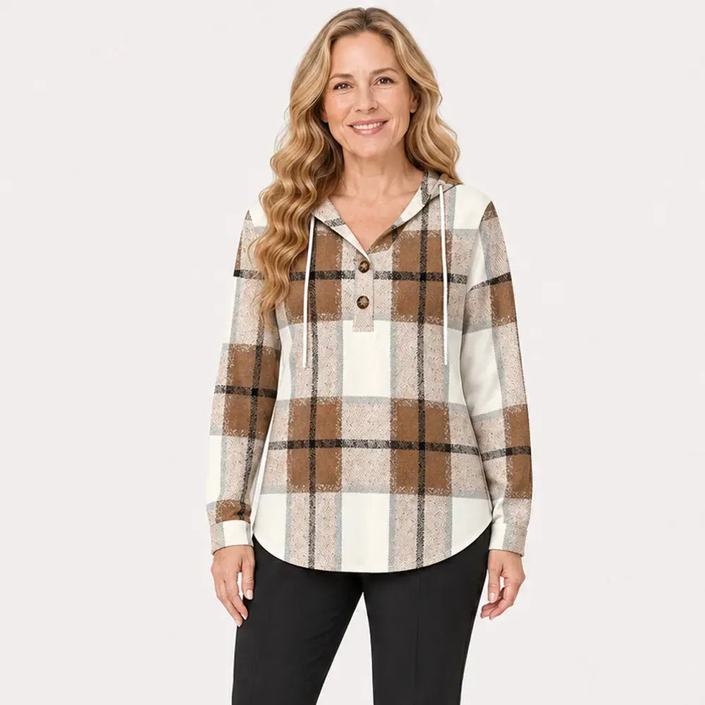 S-3XL🧥Dámská mikina s kostkovaným výstřihem do V - zapínání na knoflíky, dlouhý rukáv - volná kostkovaná mikina na podzim a zimu