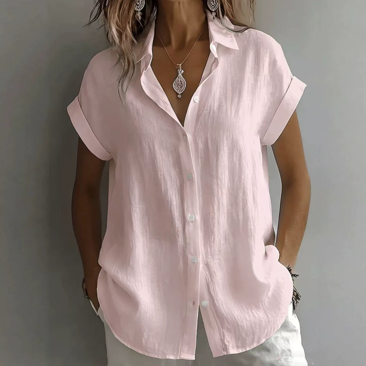 HU自选新品不投💃 S–2XL, Női egyszínű lenvászon galléros, rövid ujjú, lezser ing