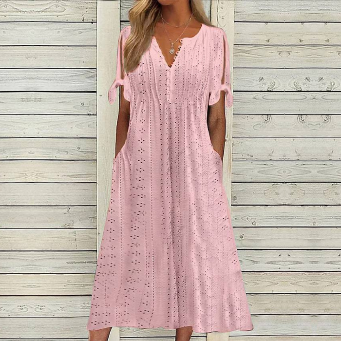S-5XL Μοντέρνο, casual, φαρδύ, ψηλόμεσο, μονόχρωμο φόρεμα με κέντημα