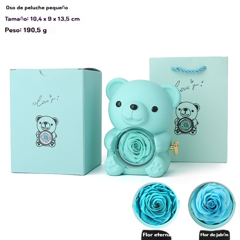 ✨Un osito de peluche combinado con rosas preservadas y un collar es un regalo romántico para el Día de San Valentín.