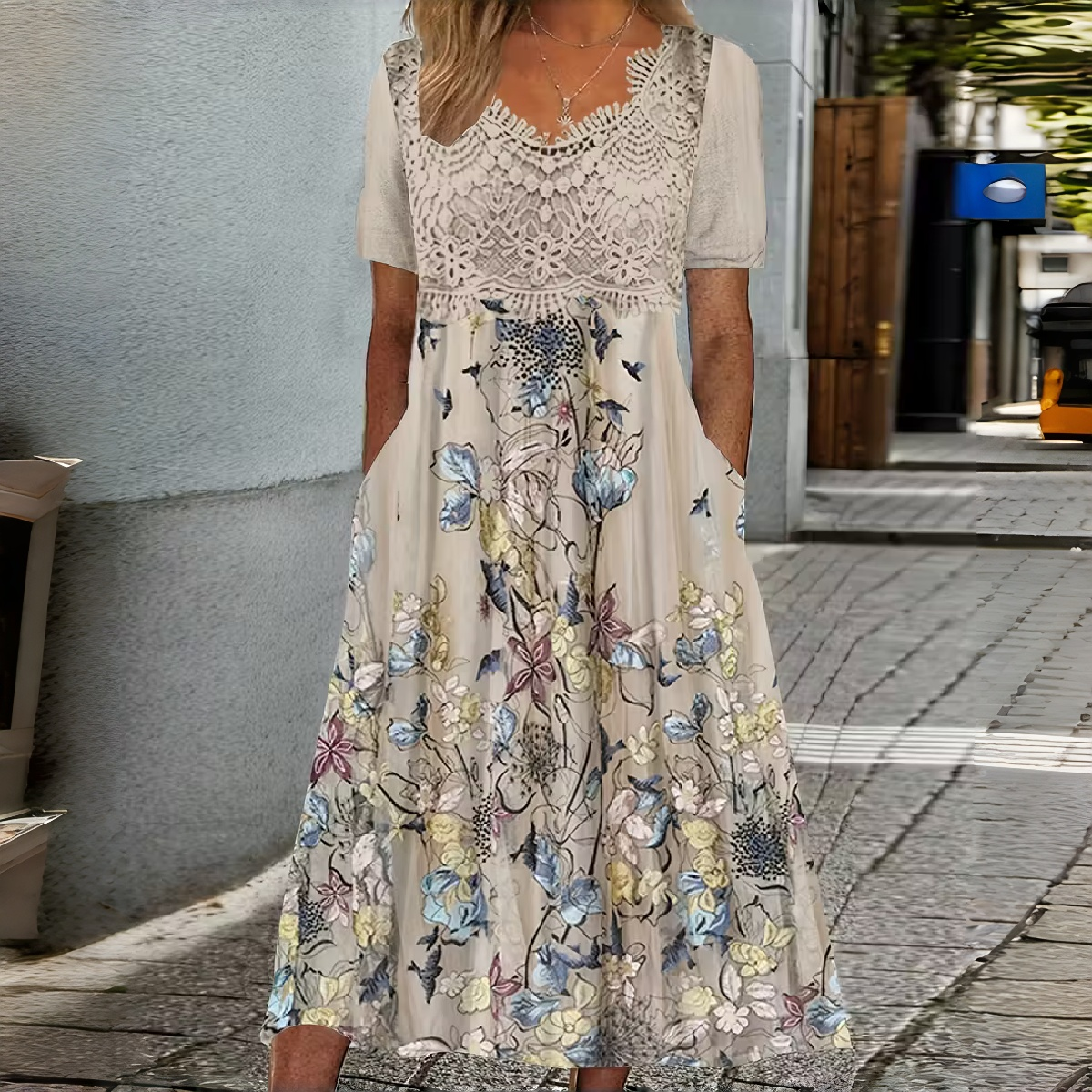 đșăS-3XLăRövid ujjĂș, csipkemintĂĄs, virĂĄgmintĂĄs, plus size midi nĆi ruha