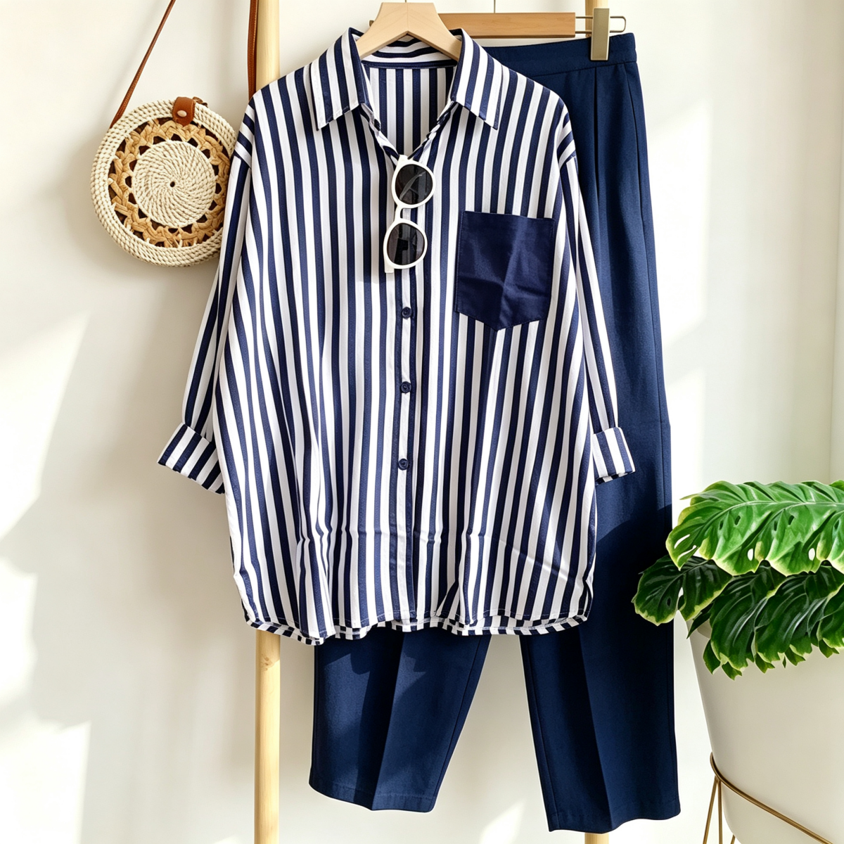 ✨【S-5XL】Nová letní módní ležérní souprava (pruhovaná košile s potiskem + kalhoty)