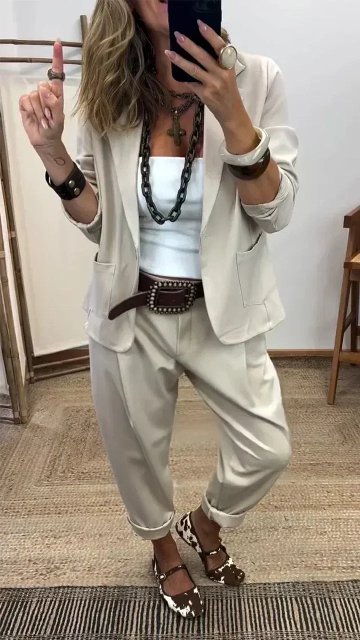 【40-100 kg】🔥【Top + kalhoty】💎Dámská sada bundy a kalhot s límečkem - úzký střih, měkká látka👖✨