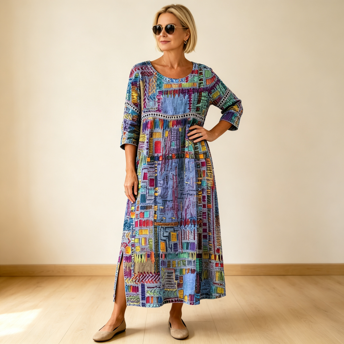 ✨ 【S-5XL】Vestido retro de verano con escote redondo y estampado, ligero y transpirable, favorecedor y fácil de combinar.