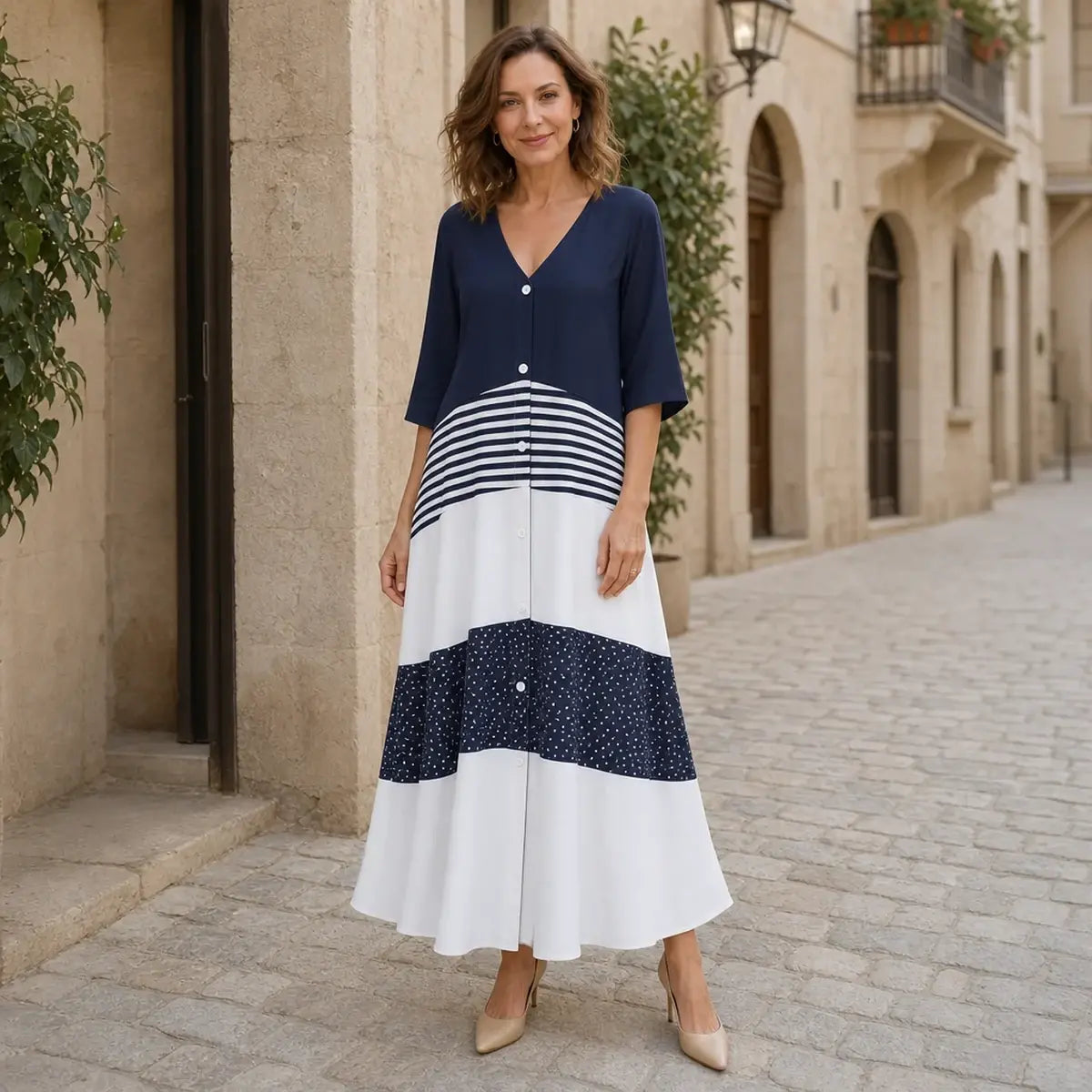 💃50% de descuento🔥【40-120 kg】Moderno vestido largo de verano con escote en V y botones, ideal para unas vacaciones en la playa.