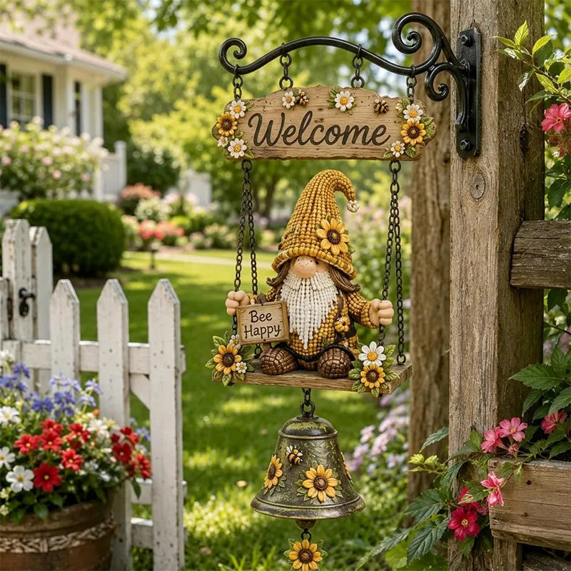 🏡🔔 Uvítací zvonek se zahradním trpaslíkem, cedule "Vítejte", retro bronzový zvonek, železný nástěnný držák, dekorace do zahrady, na terasu a do dvora.