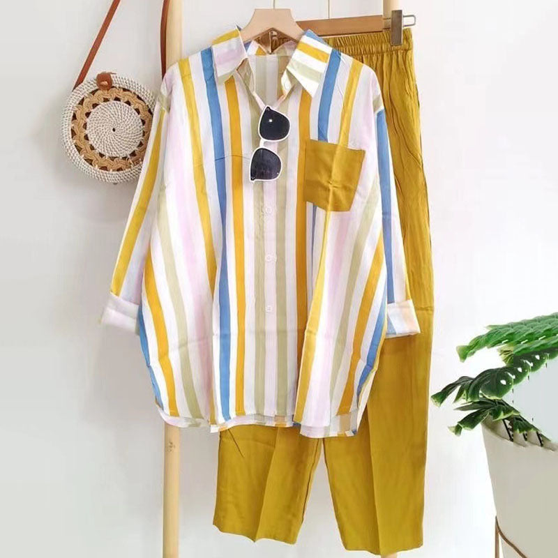 ✨【S-5XL】Nová letní módní ležérní souprava (pruhovaná košile s potiskem + kalhoty)