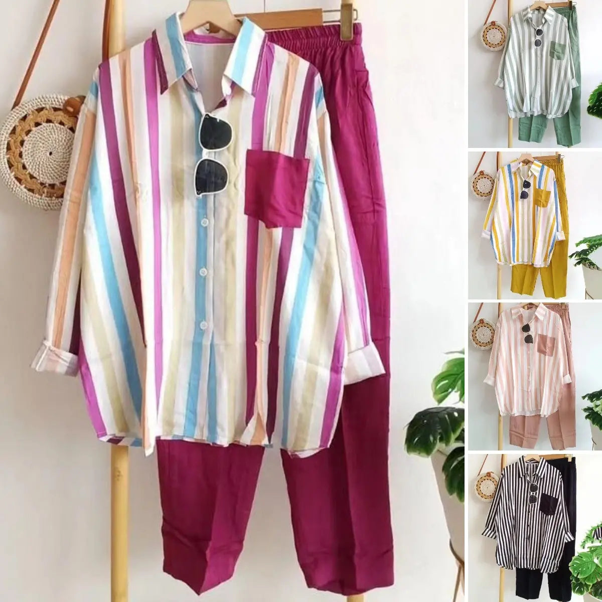 ✨【S-5XL】Nová letní módní ležérní souprava (pruhovaná košile s potiskem + kalhoty)
