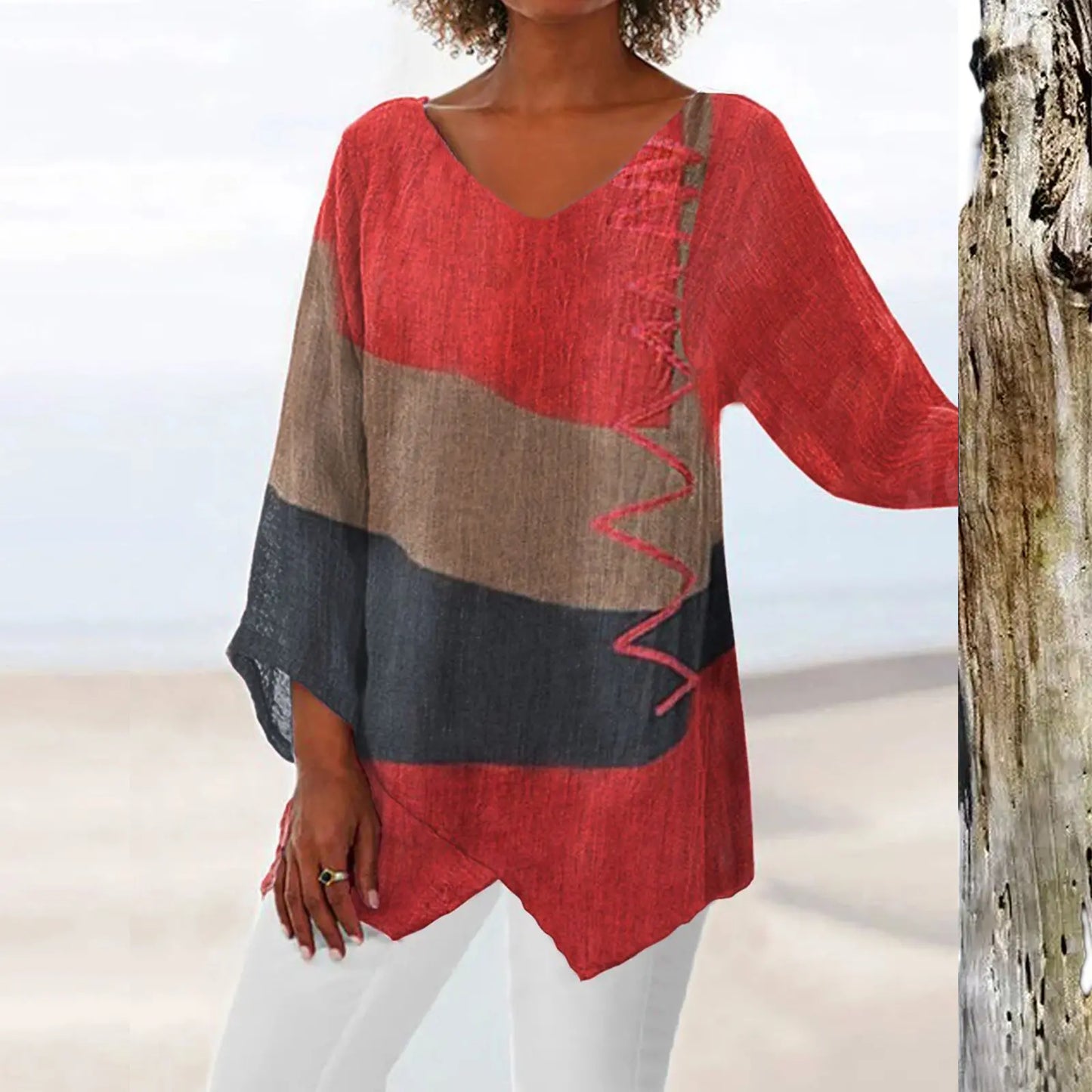 ⏳ Utolsó nap – 50% kedvezmény 😍【S~5XL】Női elegáns hétköznapi felső: V-nyakú, hosszú ujjú, művészi mintás nyomat