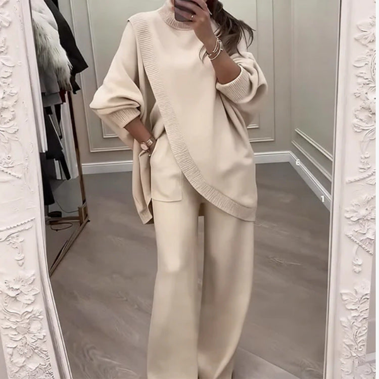 🔥 Novinka! Dámská dvoudílná souprava – asymetrický svetr + kalhoty s širokými nohavicemi, volný střih, měkká látka, super pohodlné👚 Doprava zdarma✨