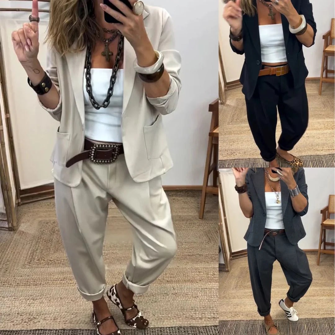 💎Časově omezená sleva 50%💎Dámská souprava bundy a kalhot s klopami - Úzký střih, měkká látka👖✨【40-100kg】
