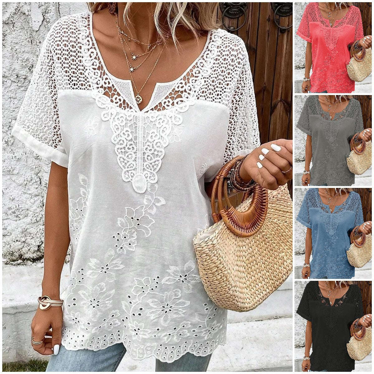 ✨👚【S–6XL】Dámská Halenka s Krajkovým Výstřihem do V | Vyšívaná Letní Halenka s Krátkým Rukávem |🌸