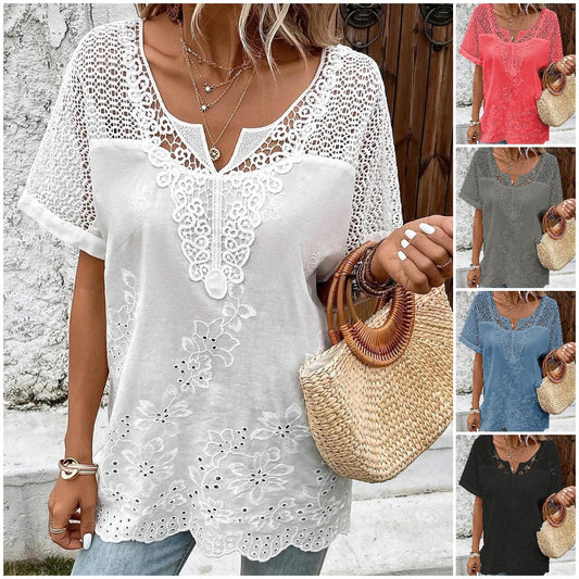 ✨👚【S–6XL】Dámská Halenka s Krajkovým Výstřihem do V | Vyšívaná Letní Halenka s Krátkým Rukávem |🌸