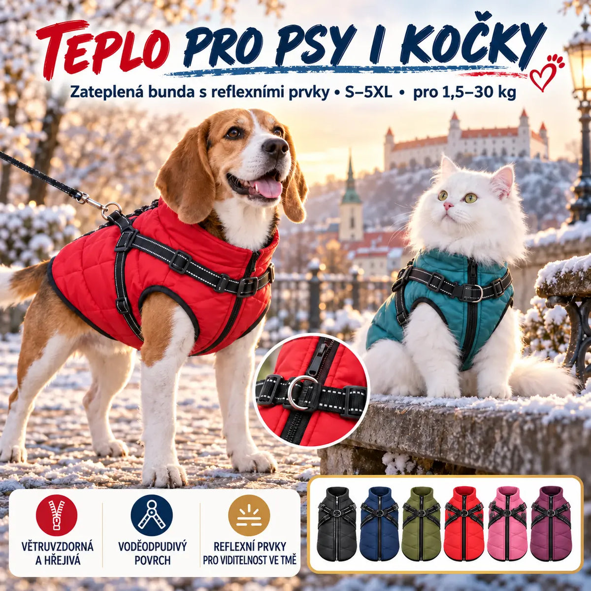 🐱🐶❄️ Teplá zateplená bunda pro psy a kočky — vodoodpudivá, s reflexními prvky a integrovaným postrojem, dostupná ve velikostech S–5XL.