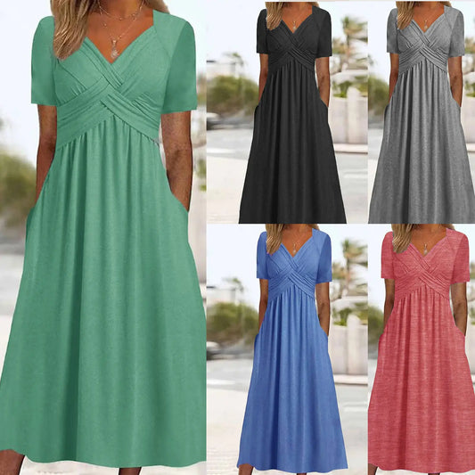 🔥🔥👗【S-3XL】2026 Čistobarvne modne srednje dolge obleke za prosti čas