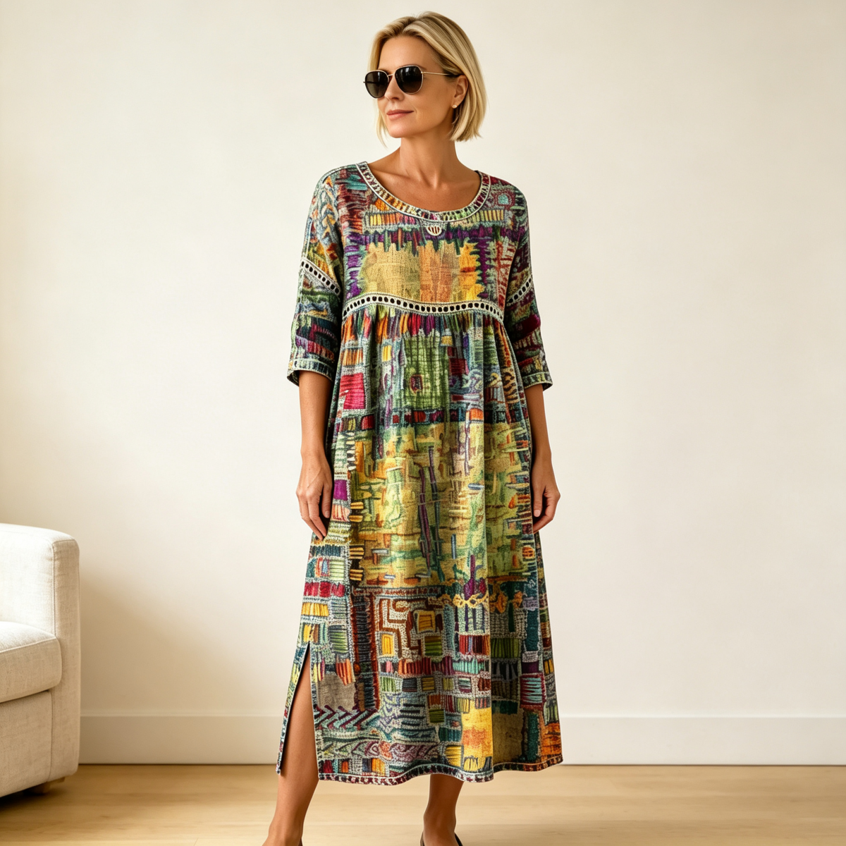 ✨ 【S-5XL】Vestido retro de verano con escote redondo y estampado, ligero y transpirable, favorecedor y fácil de combinar.