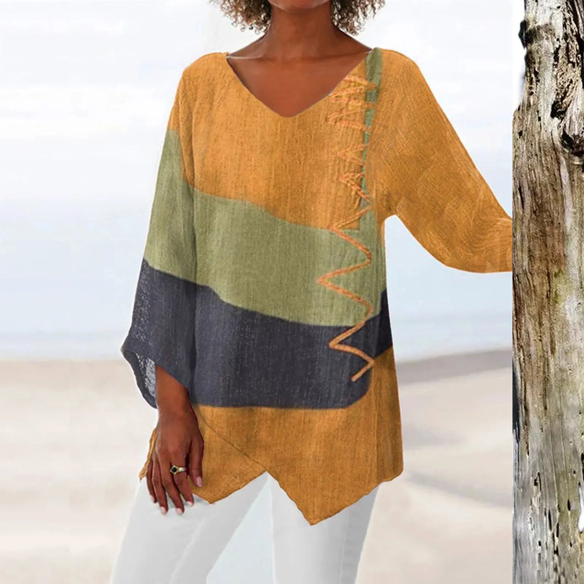 ⏳ Utolsó nap – 50% kedvezmény 😍【S~5XL】Női elegáns hétköznapi felső: V-nyakú, hosszú ujjú, művészi mintás nyomat