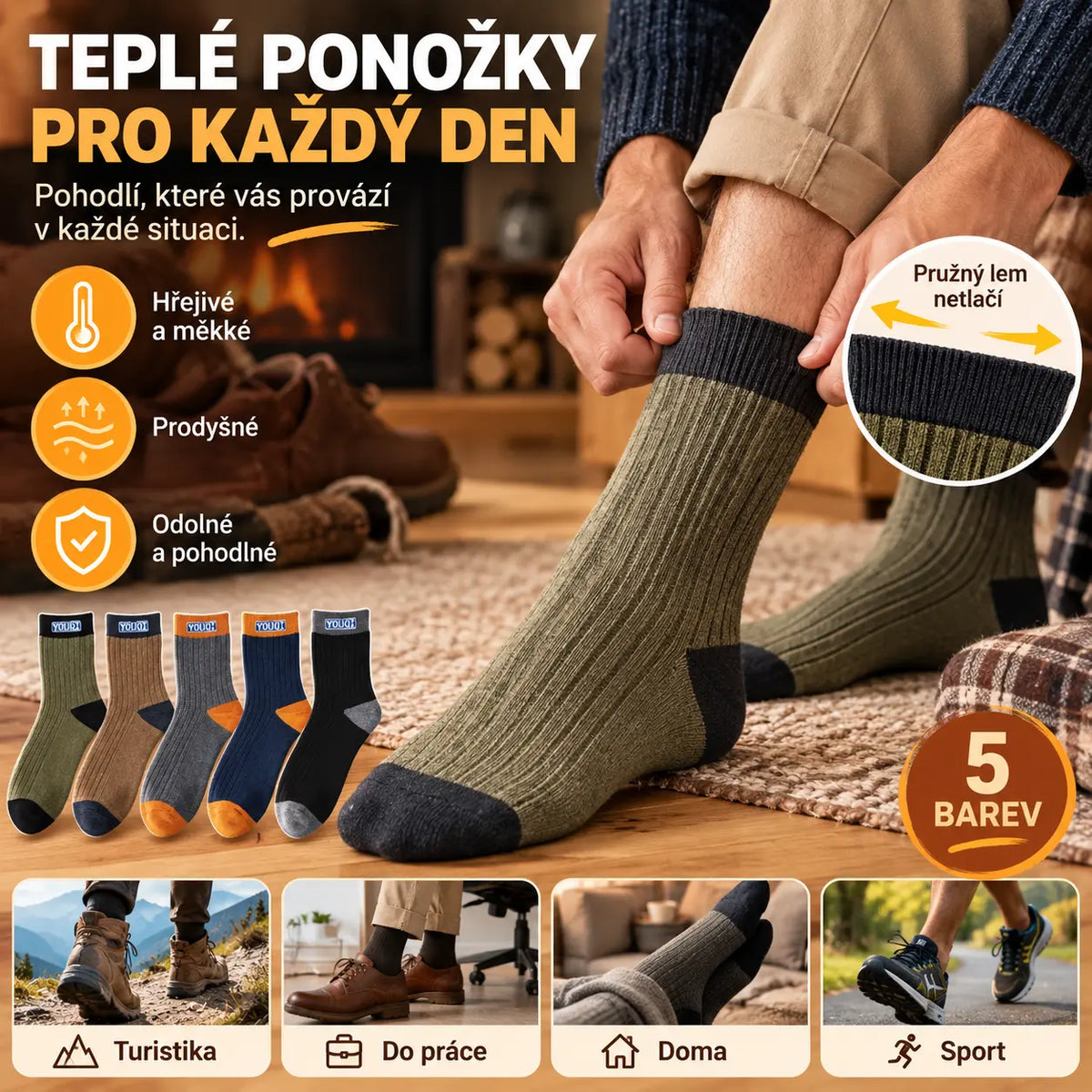 ❤️【1 sada】10 páry za 570Kč🧦Pánské hřejivé a zápach odpuzující ponožky - odvádějí pot a jsou prodyšné, udržují nohy v suchu a pohodlí