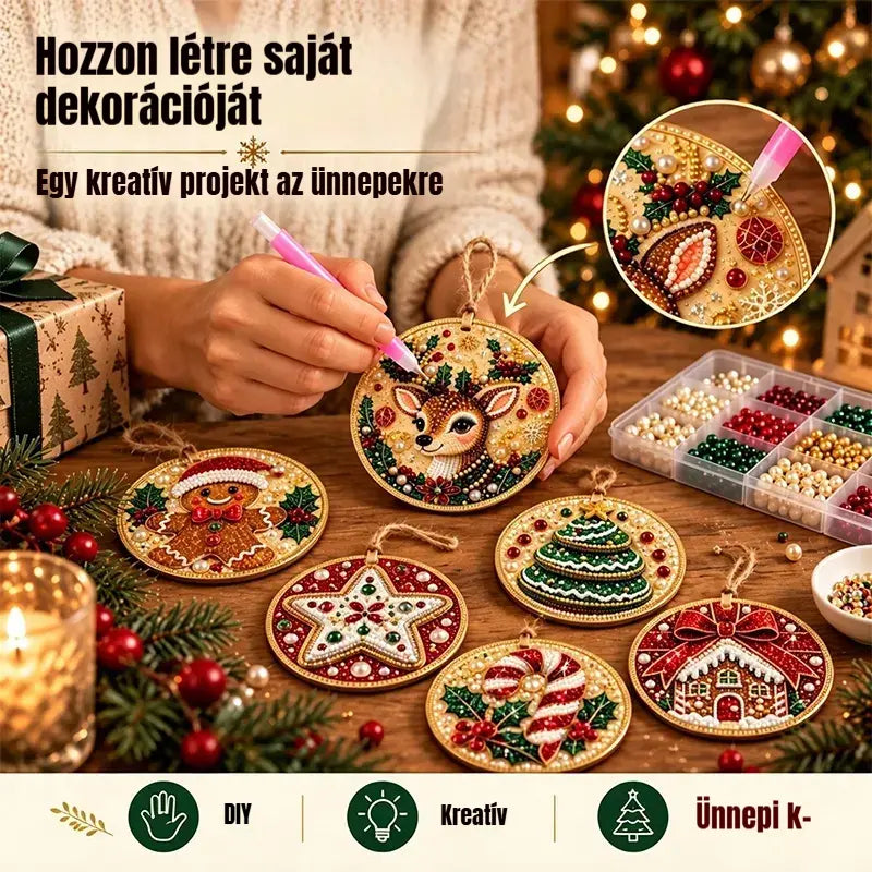 🎄 6 részes DIY gyémántkirakós karácsonyi díszkészlet – Kreatív családi projekt, amely tökéletes a karácsonyfára, ablakba vagy ajándéknak!
