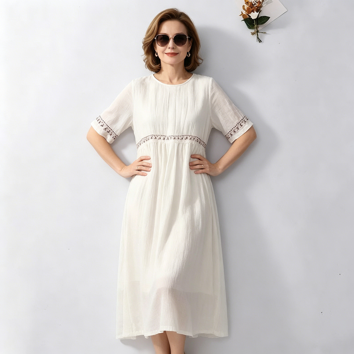 👗 M–4XL, Plus size elegáns nyári ruha, bő szabású, hímzett, rövid ujjú midi ruha