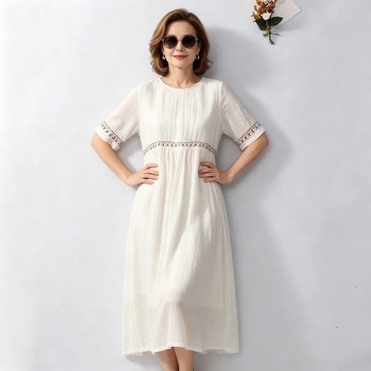 👗 M–4XL, Plus size elegáns nyári ruha, bő szabású, hímzett, rövid ujjú midi ruha