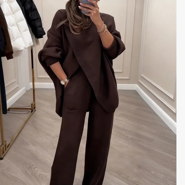 🔥 Novinka! Dámská dvoudílná souprava – asymetrický svetr + kalhoty s širokými nohavicemi, volný střih, měkká látka, super pohodlné👚 Doprava zdarma✨