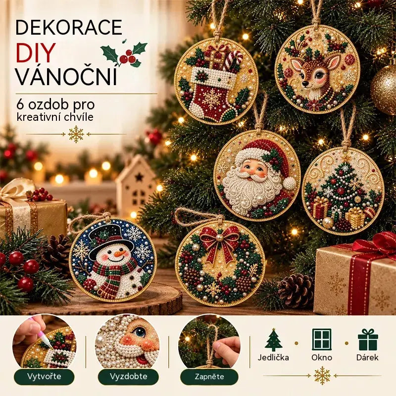 Specifikace🎄 Sada 6 vánočních ozdob na vlastnoruční vytvoření (diamantové malování) – kreativní projekt pro celou rodinu, ideální na stromeček, do okna či jako dárek!