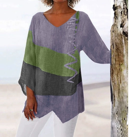 ⏳ Utolsó nap – 50% kedvezmény 😍【S~5XL】Női elegáns hétköznapi felső: V-nyakú, hosszú ujjú, művészi mintás nyomat