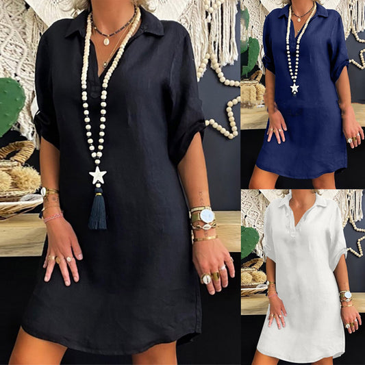 👚💨【S-5XL】Volné košilové šaty s krátkým rukávem, vyrobené z bavlny a lnu, s výstřihem do V.