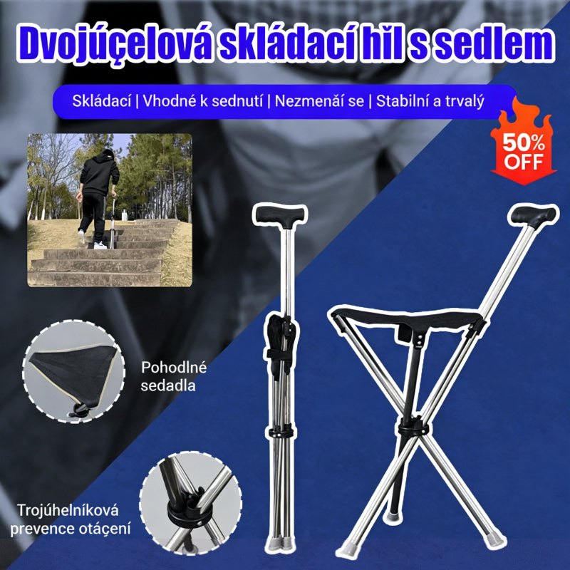 🔥✨Skládací hůl 2 v 1 se židlí, Berle jsou odolné proti pádu, skládací a přenosné✅