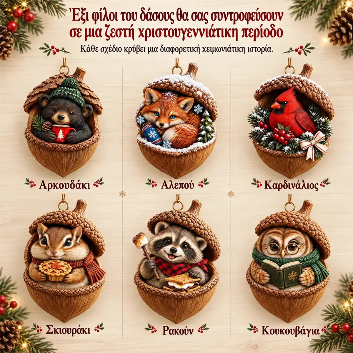 🎉【Αγοράστε 6 και πάρτε 6 δωρεάν】🤩 🎁Ολοκαίνουργιο 2D ακρυλικό χριστουγεννιάτικο σχέδιο: Σχέδιο ζώων σε σχήμα κουκουναριού