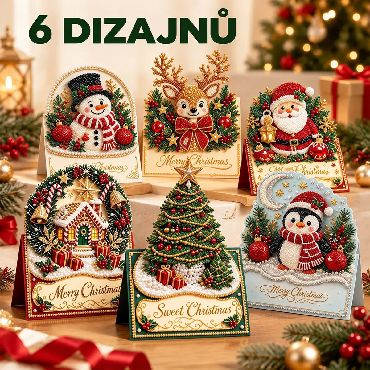 🎄💎【1 sada 6 kusů, 6 různých designů】Ručně vyráběná 3D vánoční přání s korálky – Reliéfní detaily pro darování i vystavení.