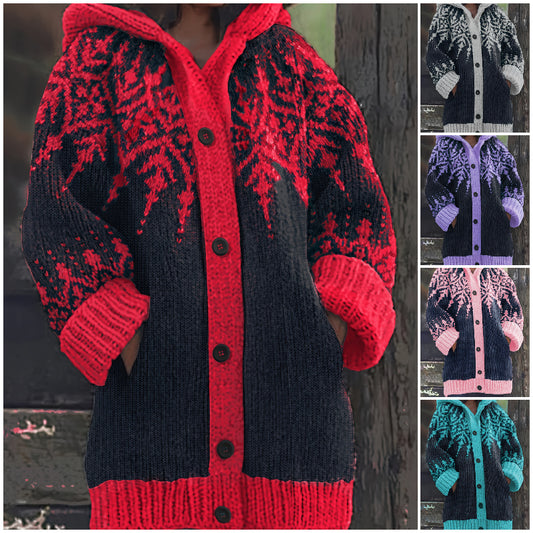 ⛄【S~5XL】Elegantní retro bunda s kapucí a barevnými bloky ve stylu sněhových vloček