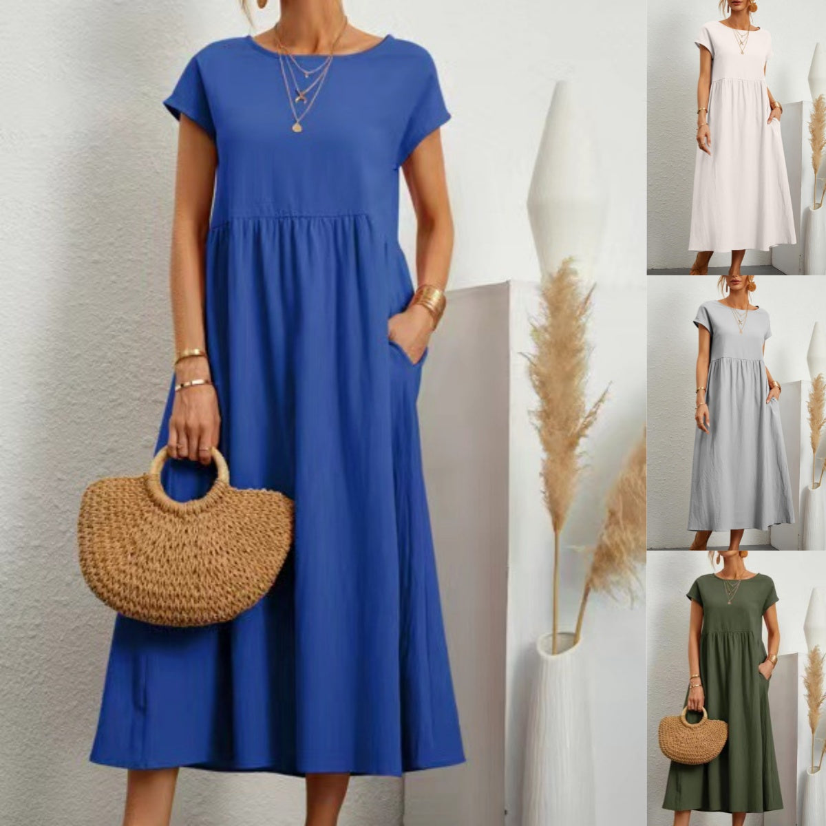S-4XL 👗 Dámské letní jednobarevné volné bavlněné šaty s krátkým rukávem a kapsami