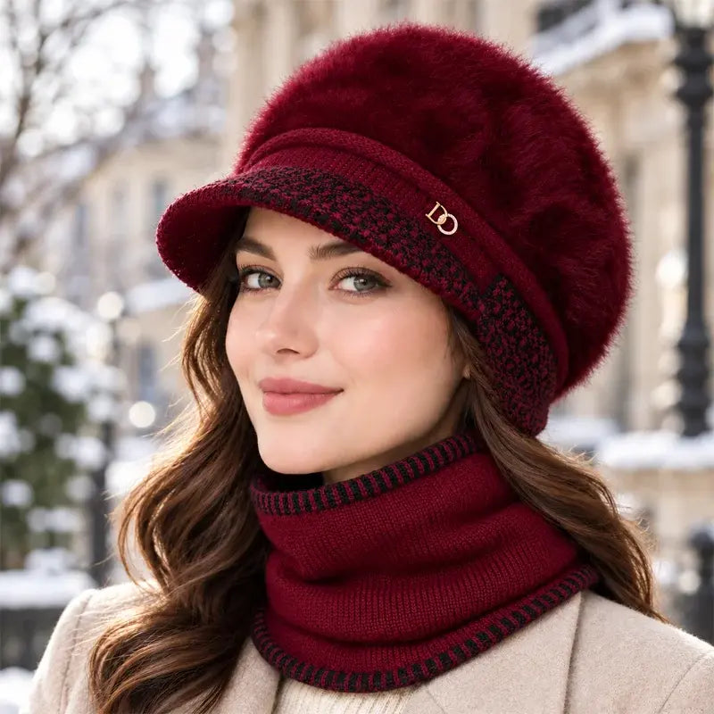🧢[Klobouk + Nákrčník] Cena: 660 Kč❄️Elegantní dvoudílná zimní sada: kšiltovka se směsí králičí srsti a klapkami na uši + pletená šála!