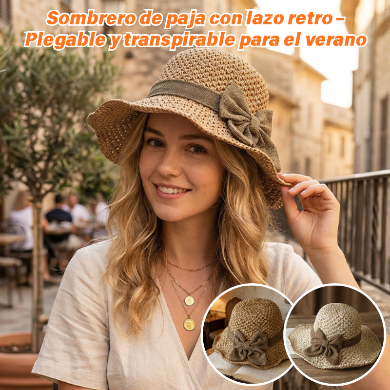 Retro slaměný klobouk s mašlí – Skládací a prodyšný na léto