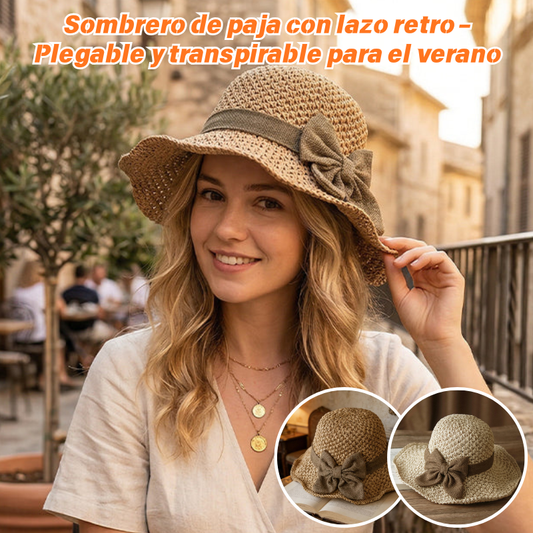 Retro slaměný klobouk s mašlí – Skládací a prodyšný na léto
