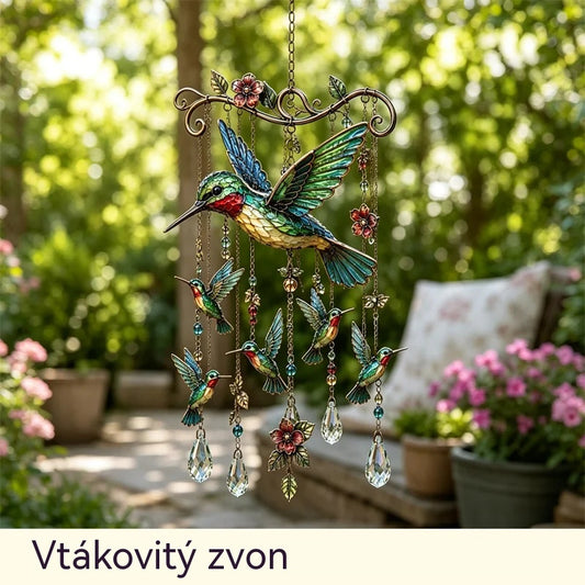 🐦 Kolibříková Větrná Zvonkohra | Zahradní Dekorace s Křišťálovými Přívěsky | Závěsná Ozdoba na Balkon a Terasu