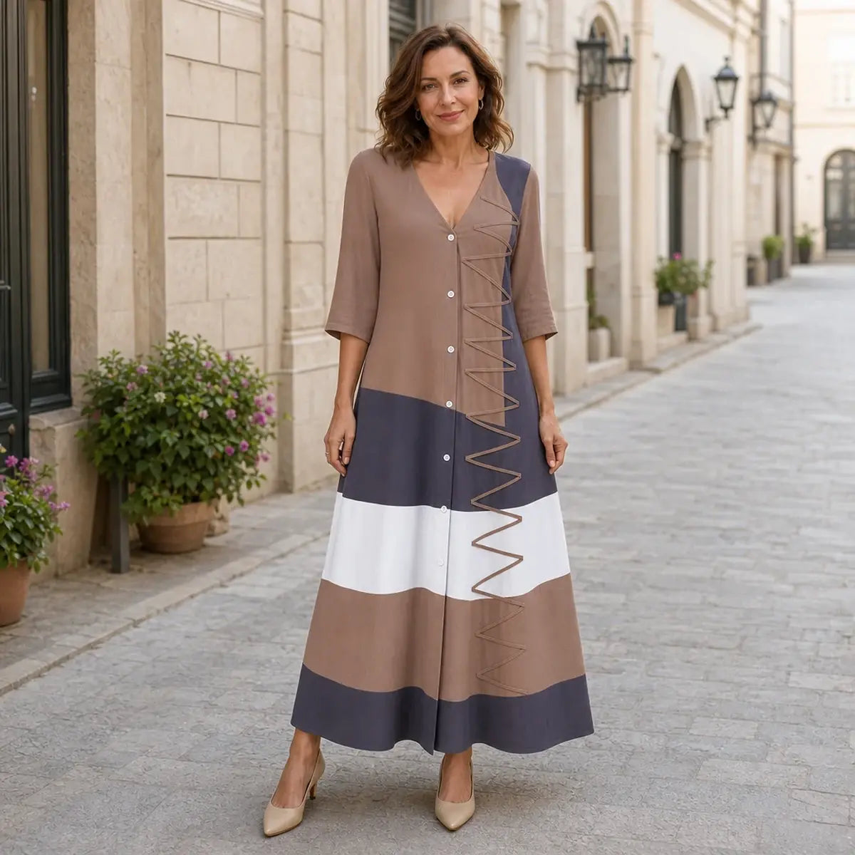 💃50% de descuento🔥【40-120 kg】Moderno vestido largo de verano con escote en V y botones, ideal para unas vacaciones en la playa.