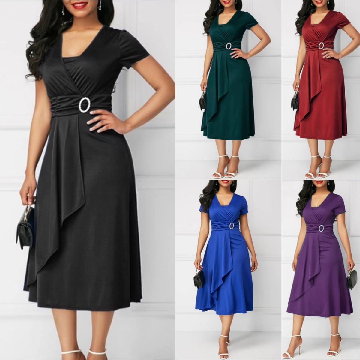 ✅ 【S–5XL Új nyári érkezés】Stílusos és elegáns, aszimmetrikus, V-nyakú ruha kúszó szegéllyel