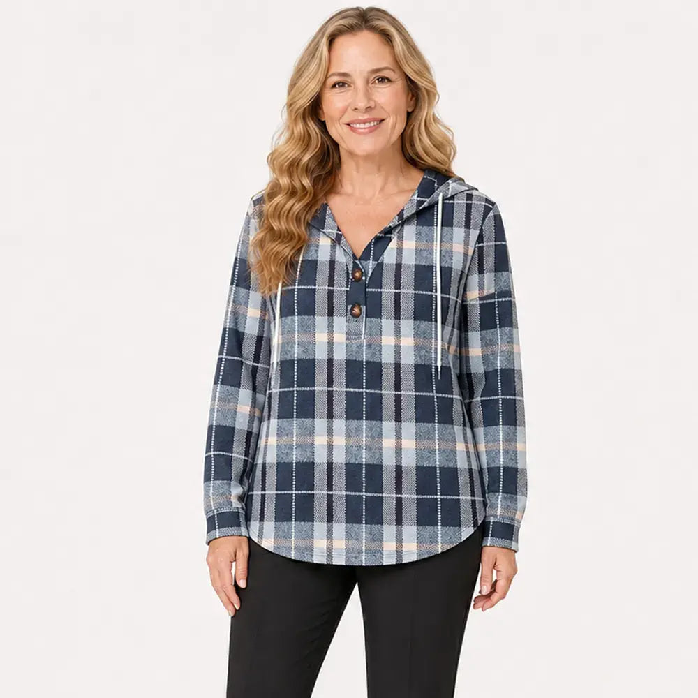 S-3XL🧥Dámská mikina s kostkovaným výstřihem do V - zapínání na knoflíky, dlouhý rukáv - volná kostkovaná mikina na podzim a zimu