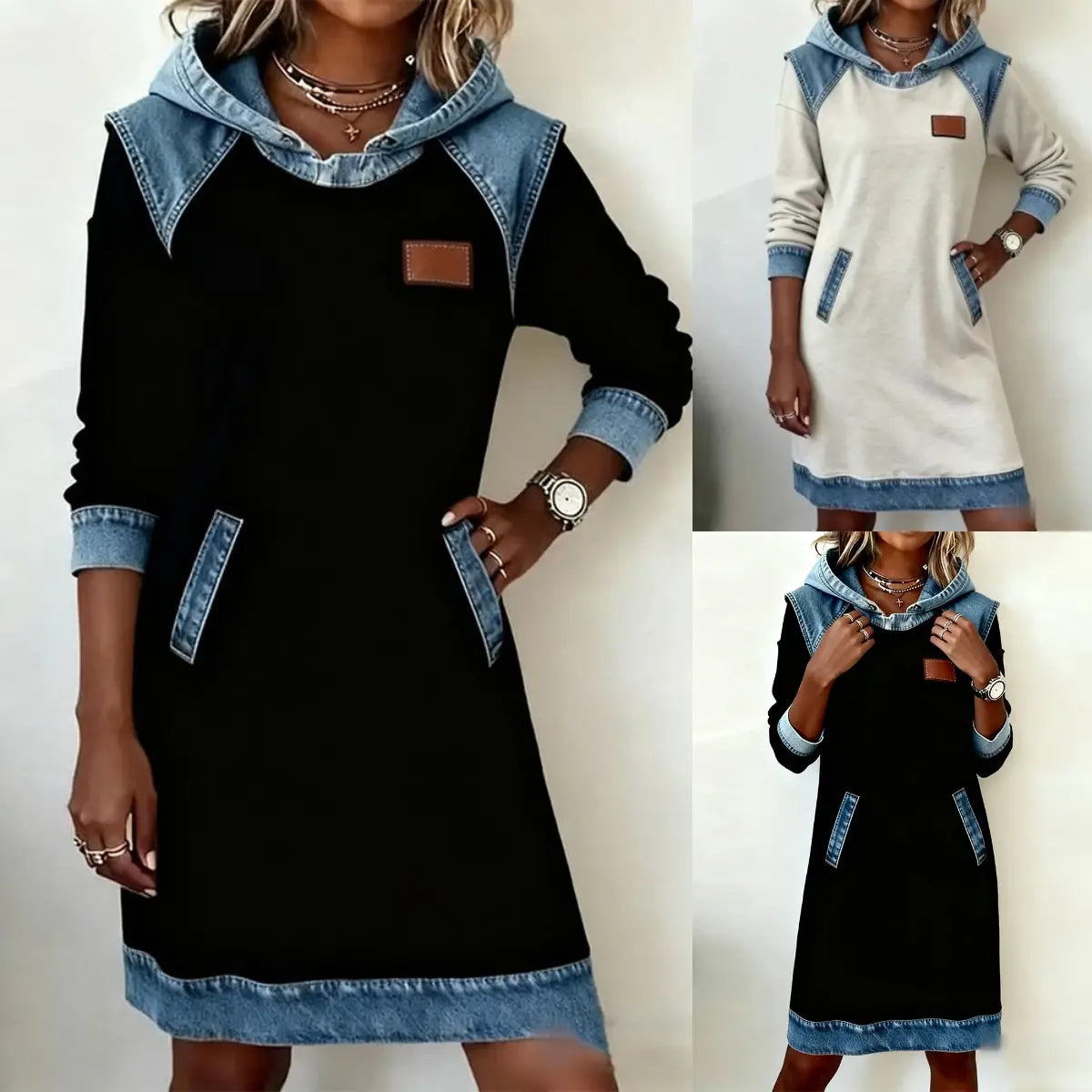 🌷✨👗Őszi-téli újdonság 50% kedvezménnyel🌞❄️ Új patchwork kapucnis farmer ruha ❄️ – bő, kényelmes és könnyen kombinálható-U