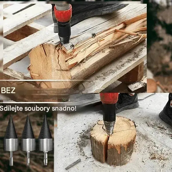 🔥1 sada za 620 Kč【32mm vrtací kužel na štípání dřeva + 3 typy upínacích nástavců】 ⚙️ Vrtací kužel z vyztužené oceli pro elektrické štípačky – vysoký výkon a práce bez námahy.